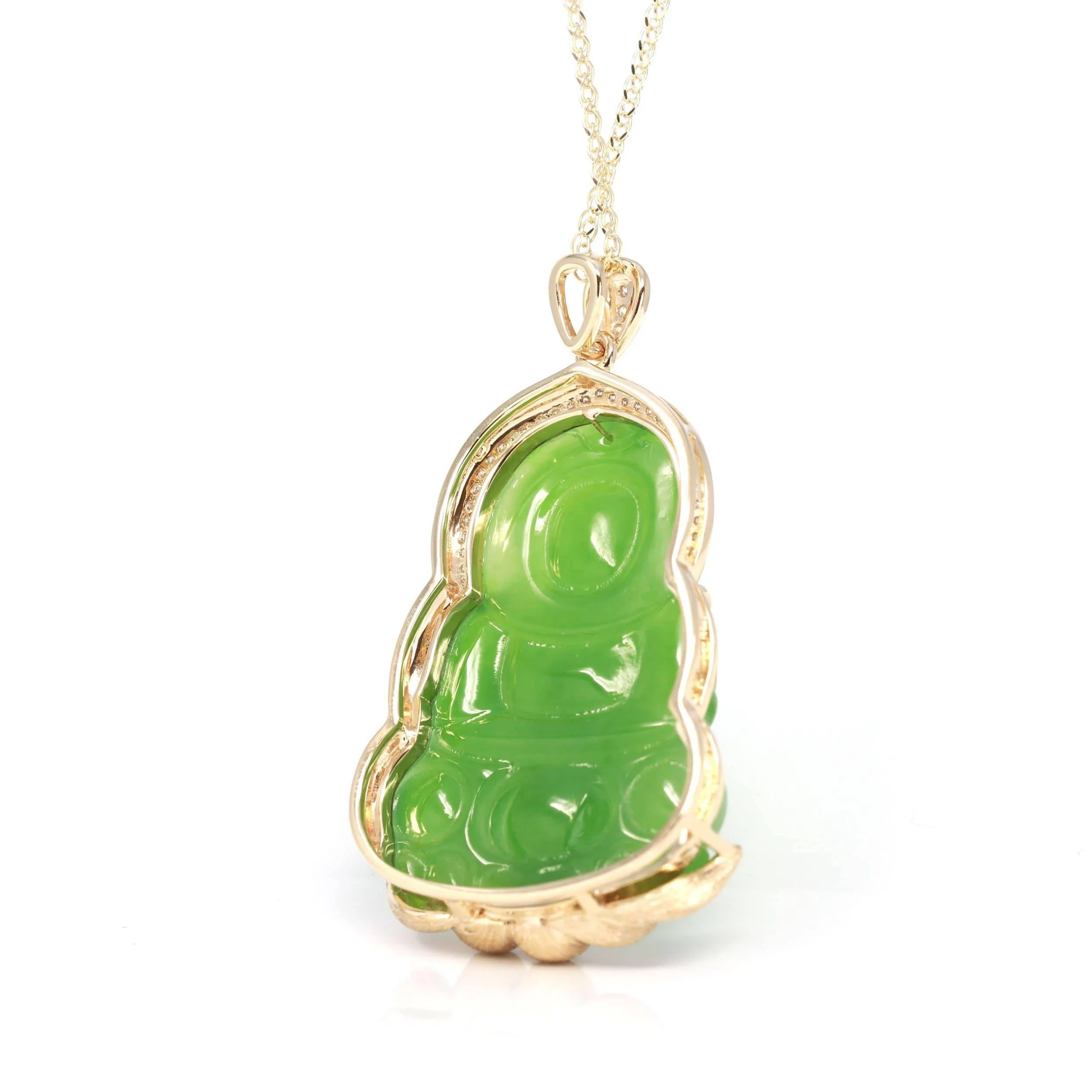 Baikalla™ 14K Yellow Gold Genuine Nephrite Luxury Apple Green Jade Guanyin Pendant Necklace With VVS1 Diamonds