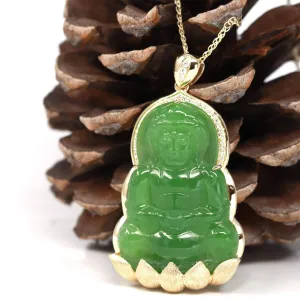 Baikalla™ 14K Yellow Gold Genuine Nephrite Luxury Apple Green Jade Guanyin Pendant Necklace With VVS1 Diamonds