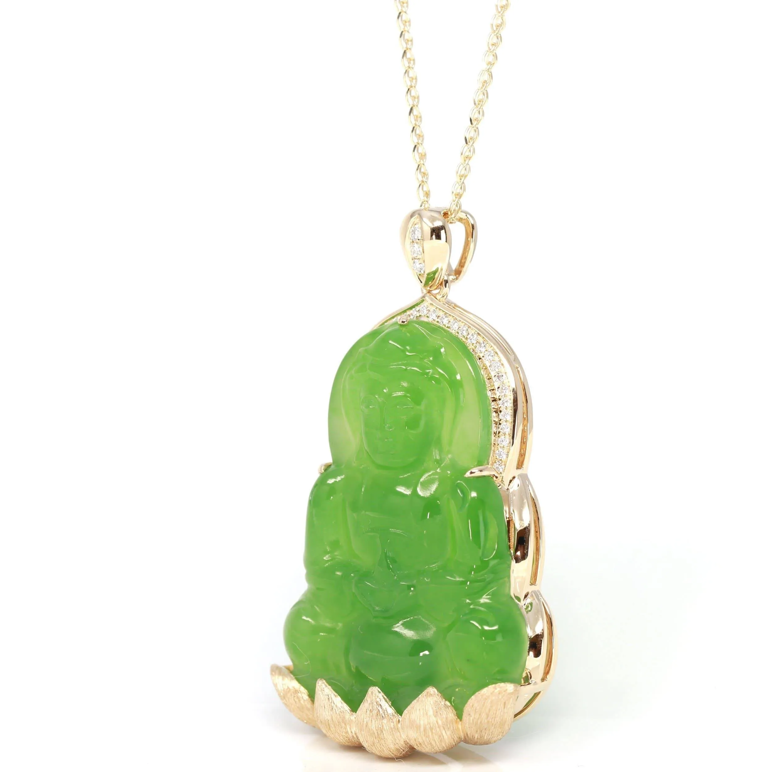 Baikalla™ 14K Yellow Gold Genuine Nephrite Luxury Apple Green Jade Guanyin Pendant Necklace With VVS1 Diamonds