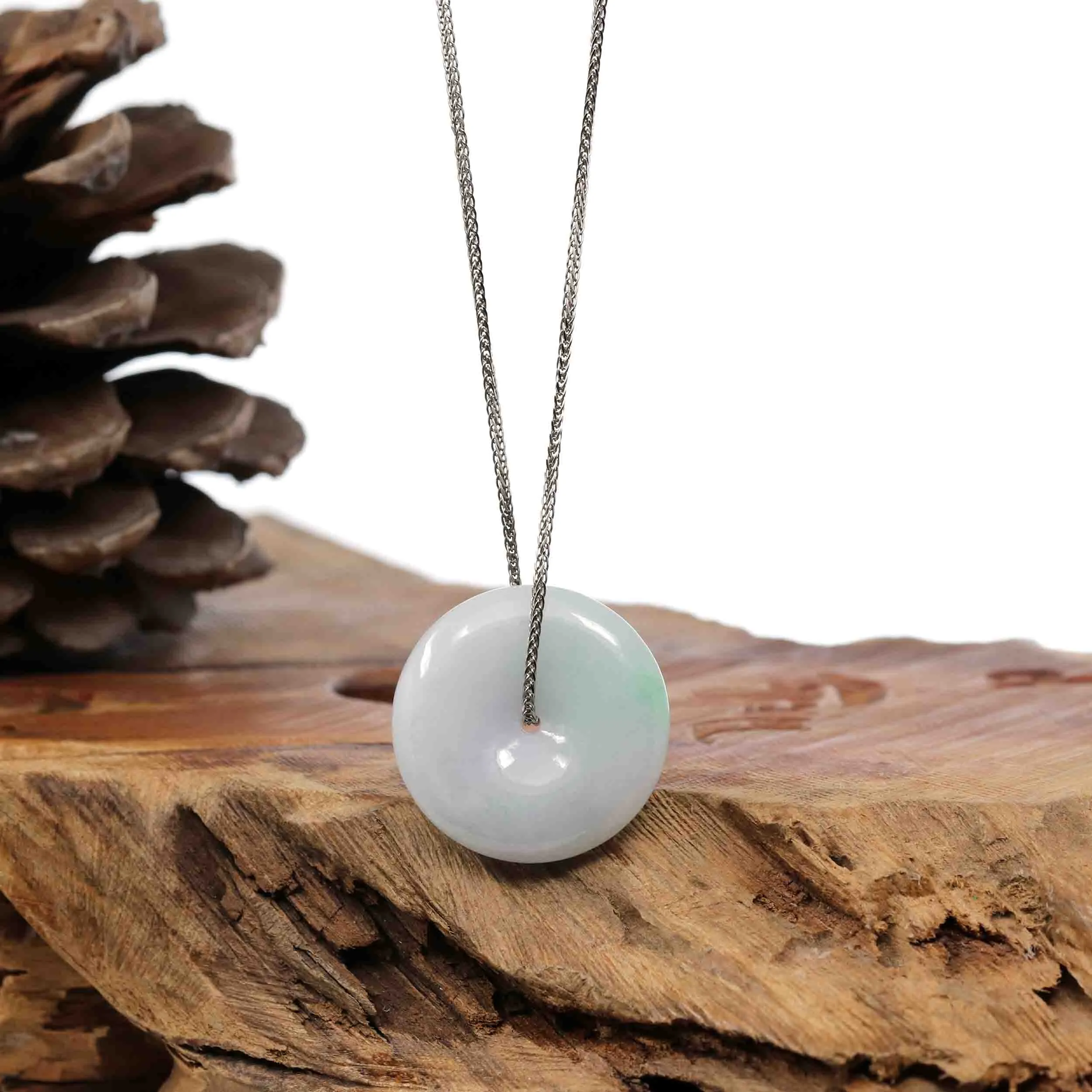Baikalla "Good Luck Button" Necklace Green and White Jadeite Jade Lucky Ping An Kou Necklace
