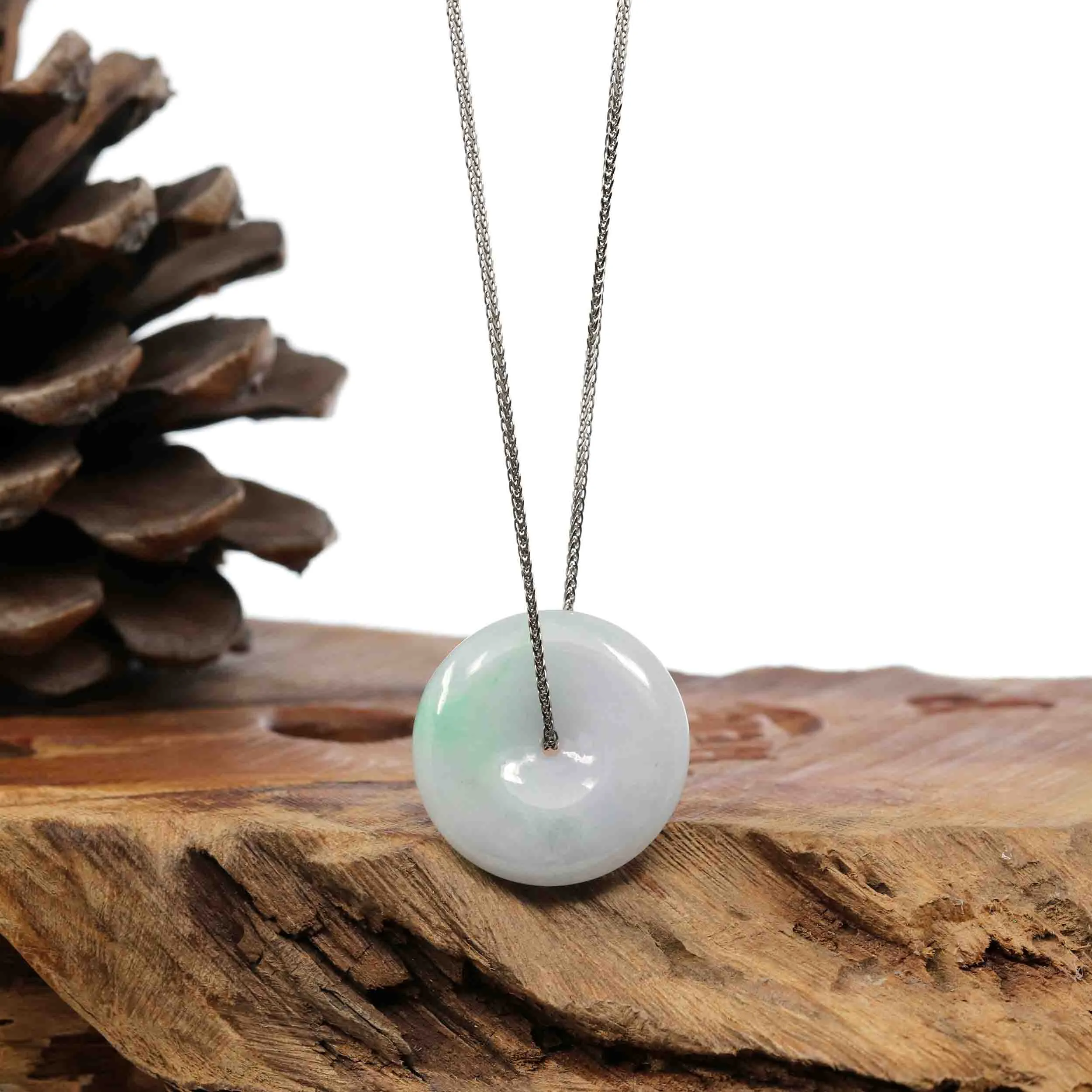 Baikalla "Good Luck Button" Necklace Green and White Jadeite Jade Lucky Ping An Kou Necklace