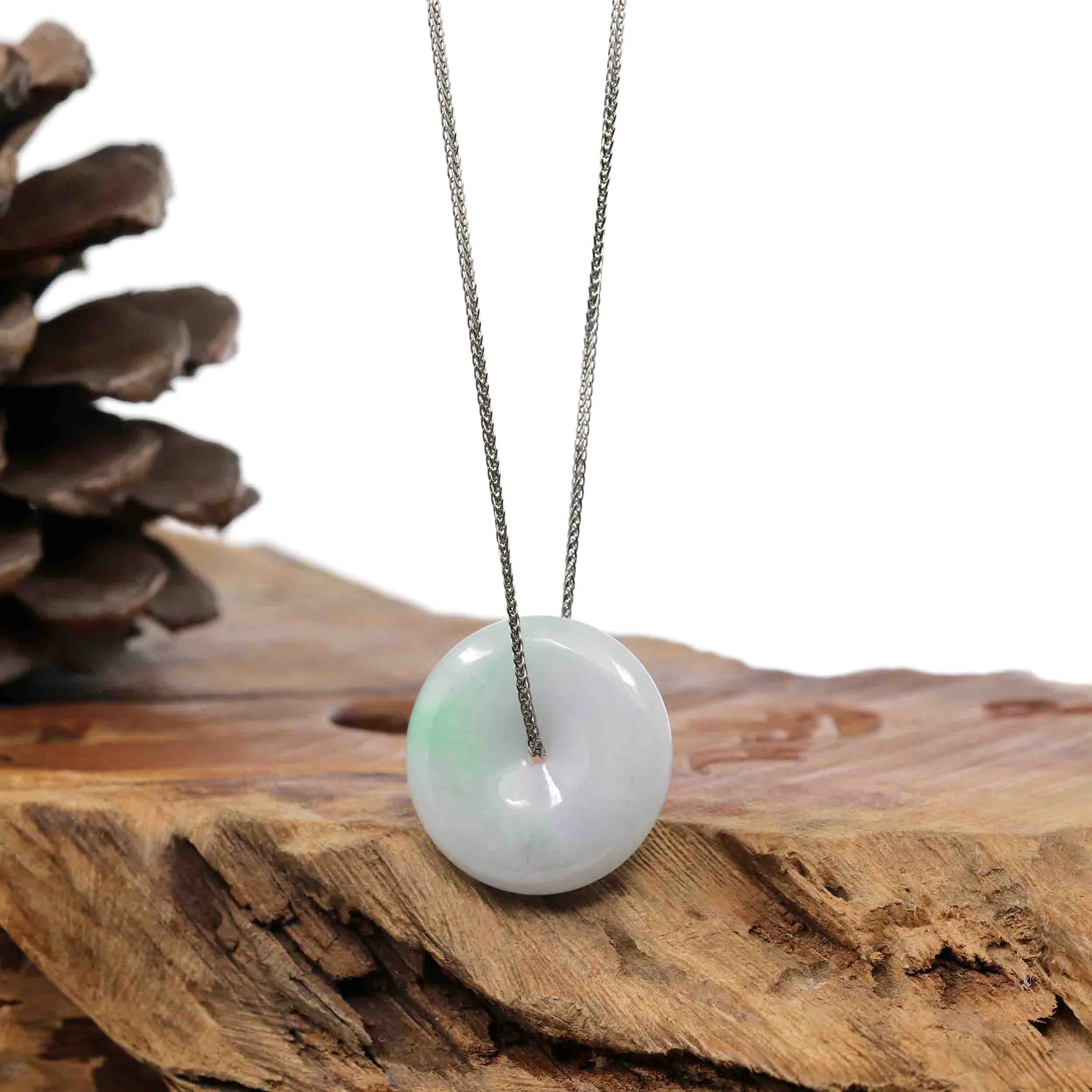 Baikalla "Good Luck Button" Necklace Green and White Jadeite Jade Lucky Ping An Kou Necklace