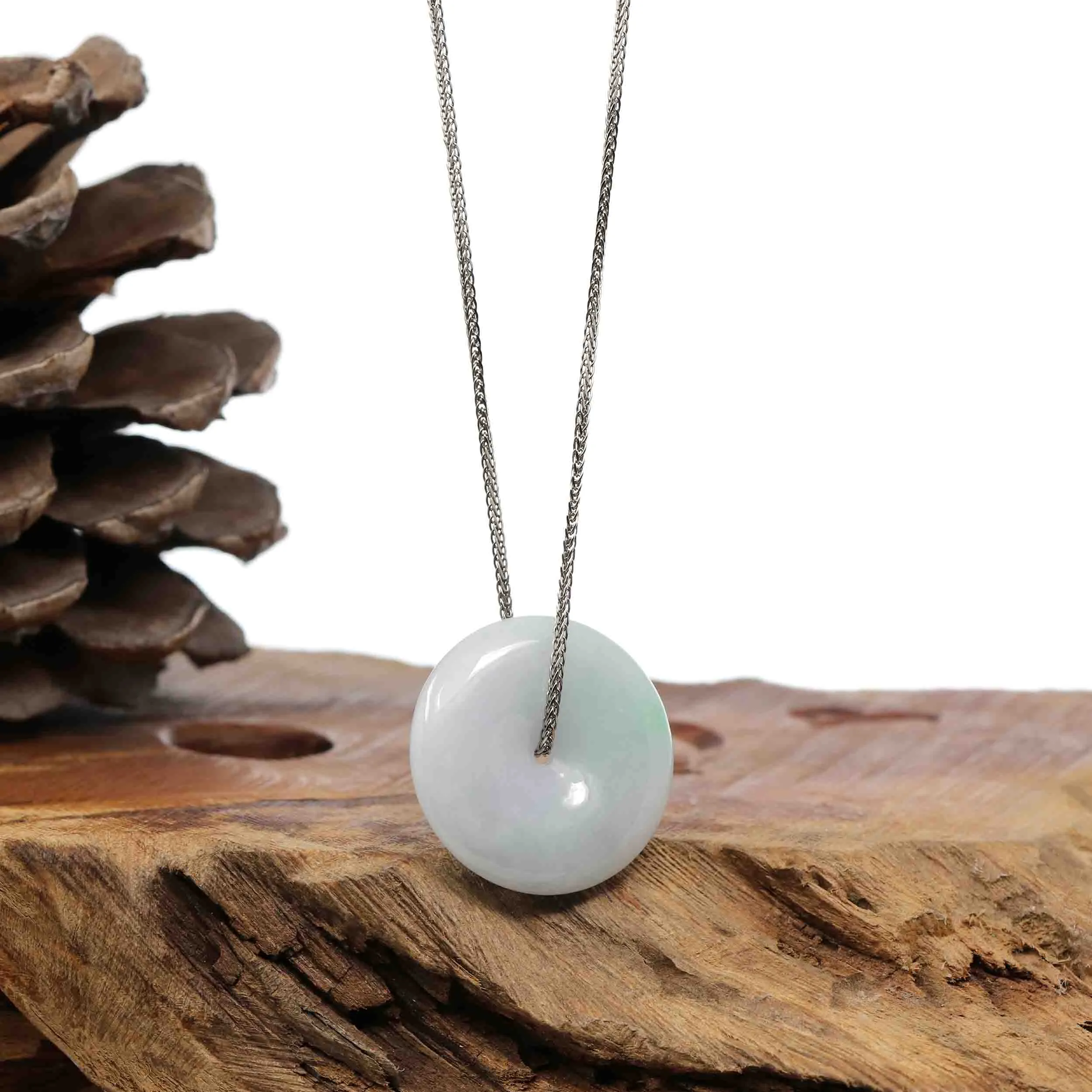 Baikalla "Good Luck Button" Necklace Green and White Jadeite Jade Lucky Ping An Kou Necklace