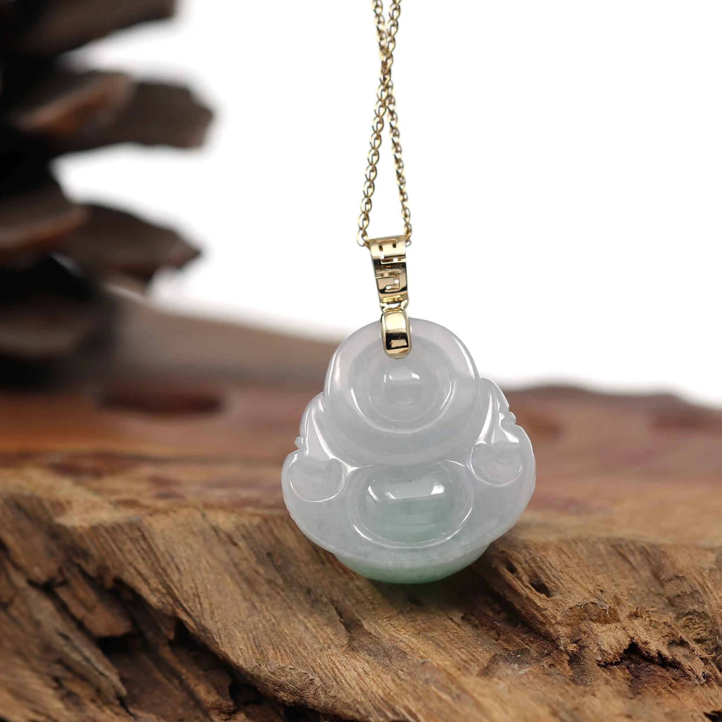 Baikalla "Laughing Buddha" 14k Gold Genuine White Green Jadeite Jade
