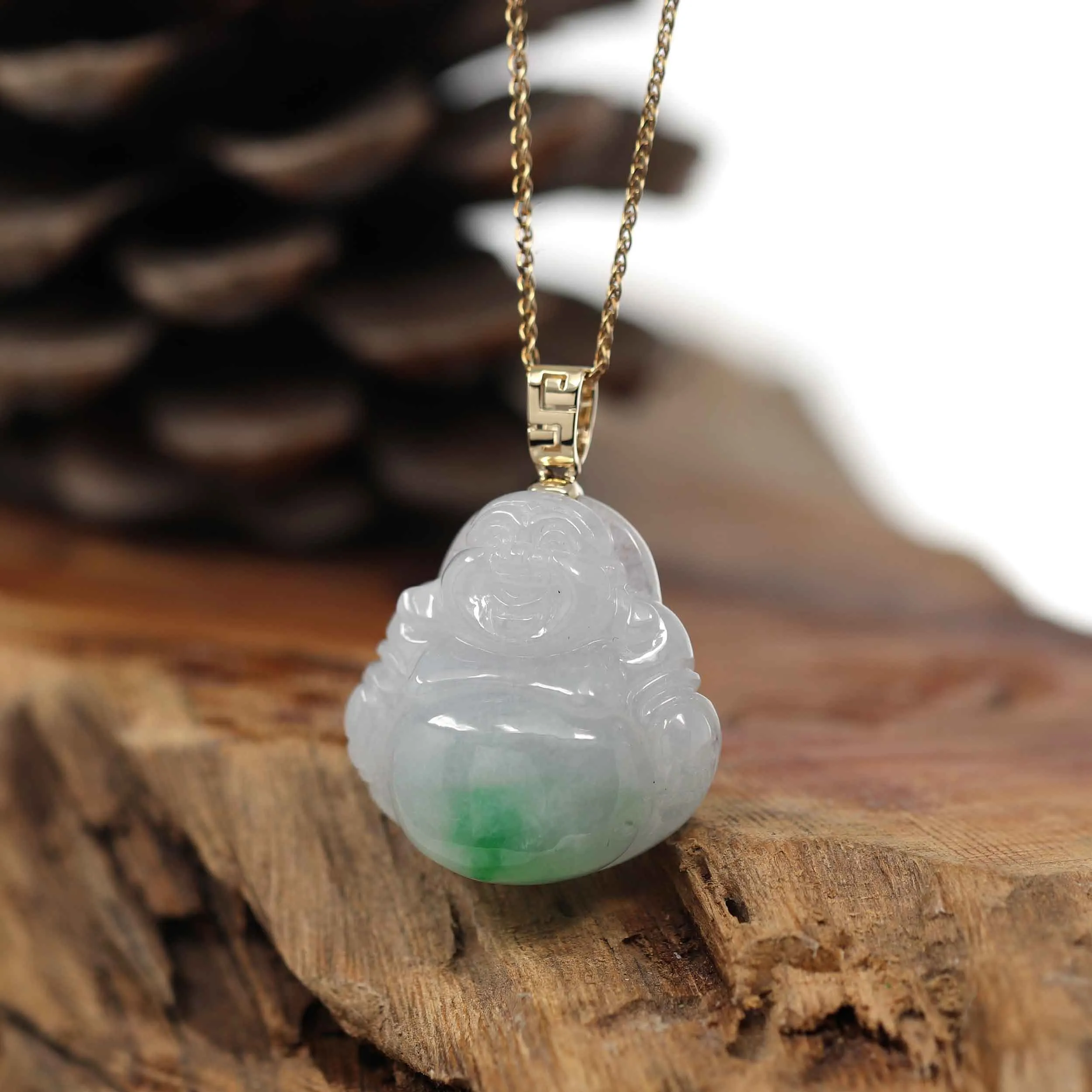 Baikalla "Laughing Buddha" 14k Gold Genuine White Green Jadeite Jade