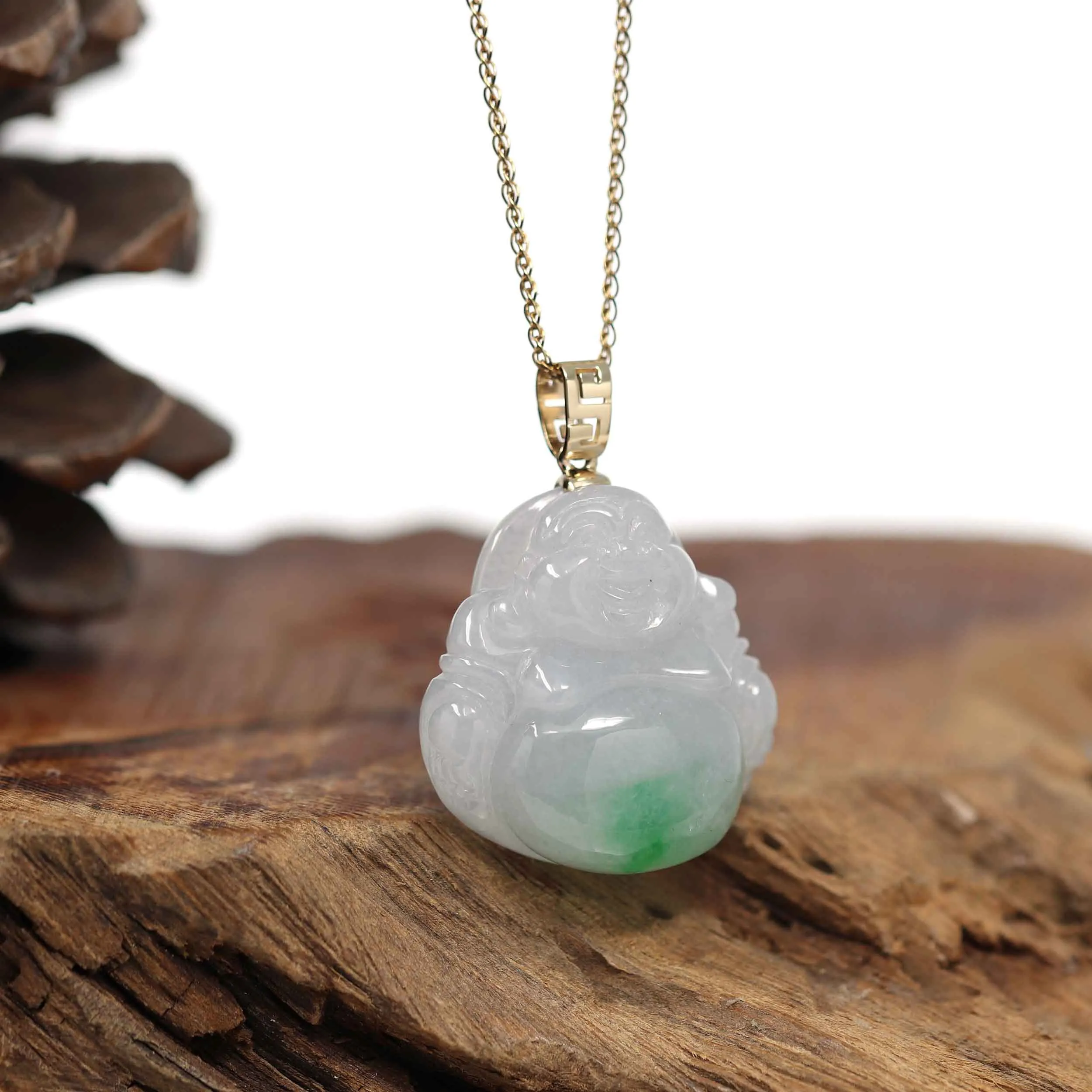 Baikalla "Laughing Buddha" 14k Gold Genuine White Green Jadeite Jade