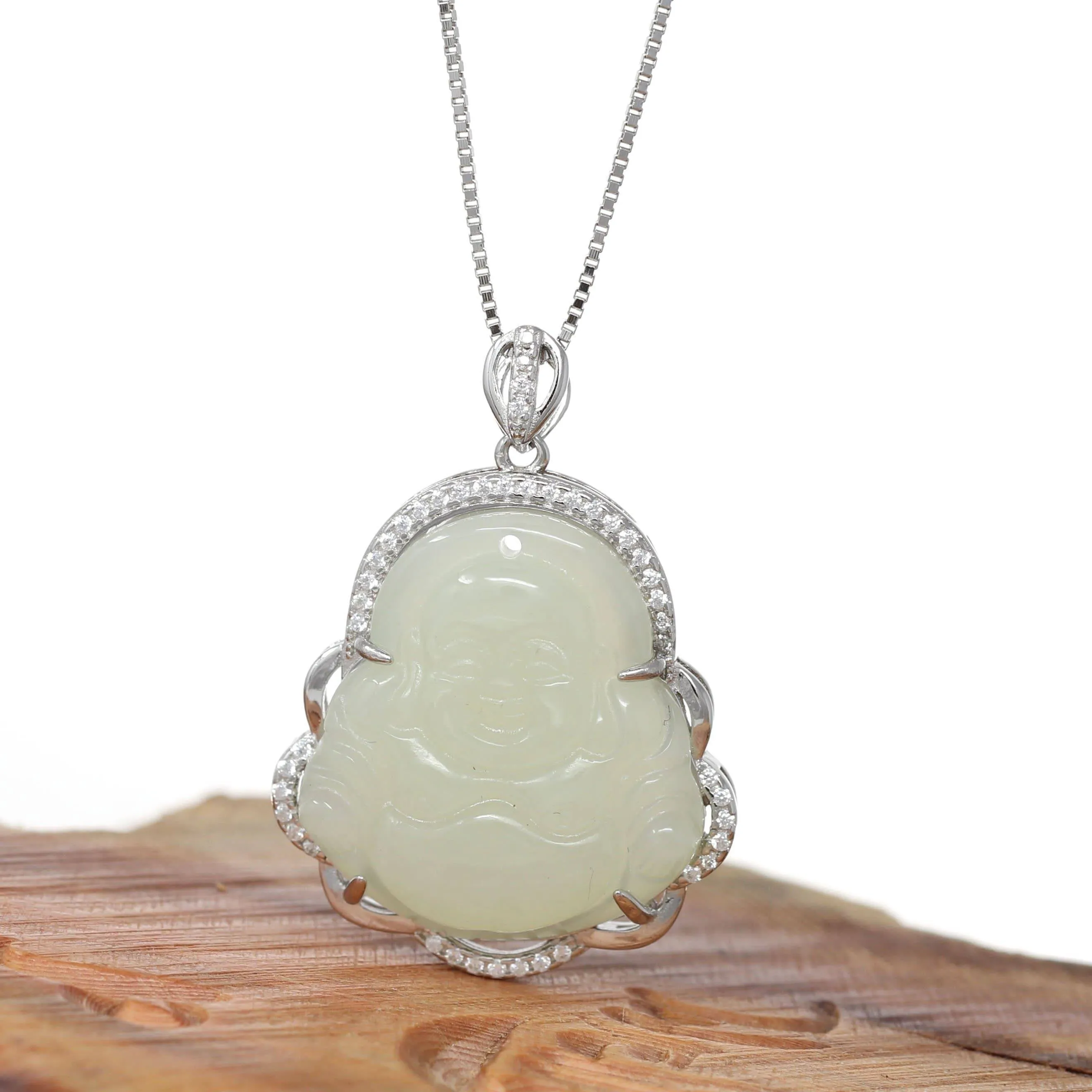 Baikalla™ "Laughing Buddha" Genuine Nephrite White Jade (high quality) Buddha Pendant Necklace