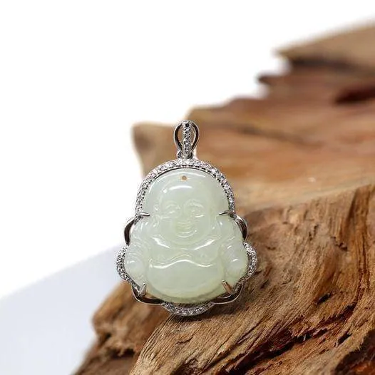 Baikalla™ "Laughing Buddha" Genuine Nephrite White Jade (high quality) Buddha Pendant Necklace
