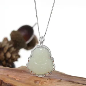 Baikalla™ "Laughing Buddha" Genuine Nephrite White Jade (high quality) Buddha Pendant Necklace