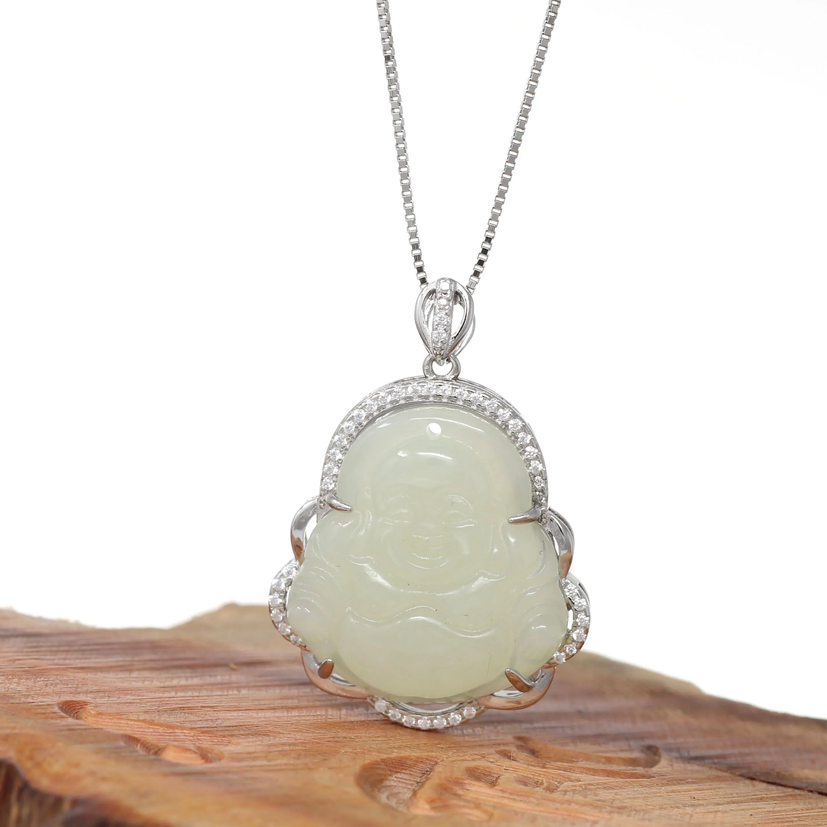 Baikalla™ "Laughing Buddha" Genuine Nephrite White Jade (high quality) Buddha Pendant Necklace