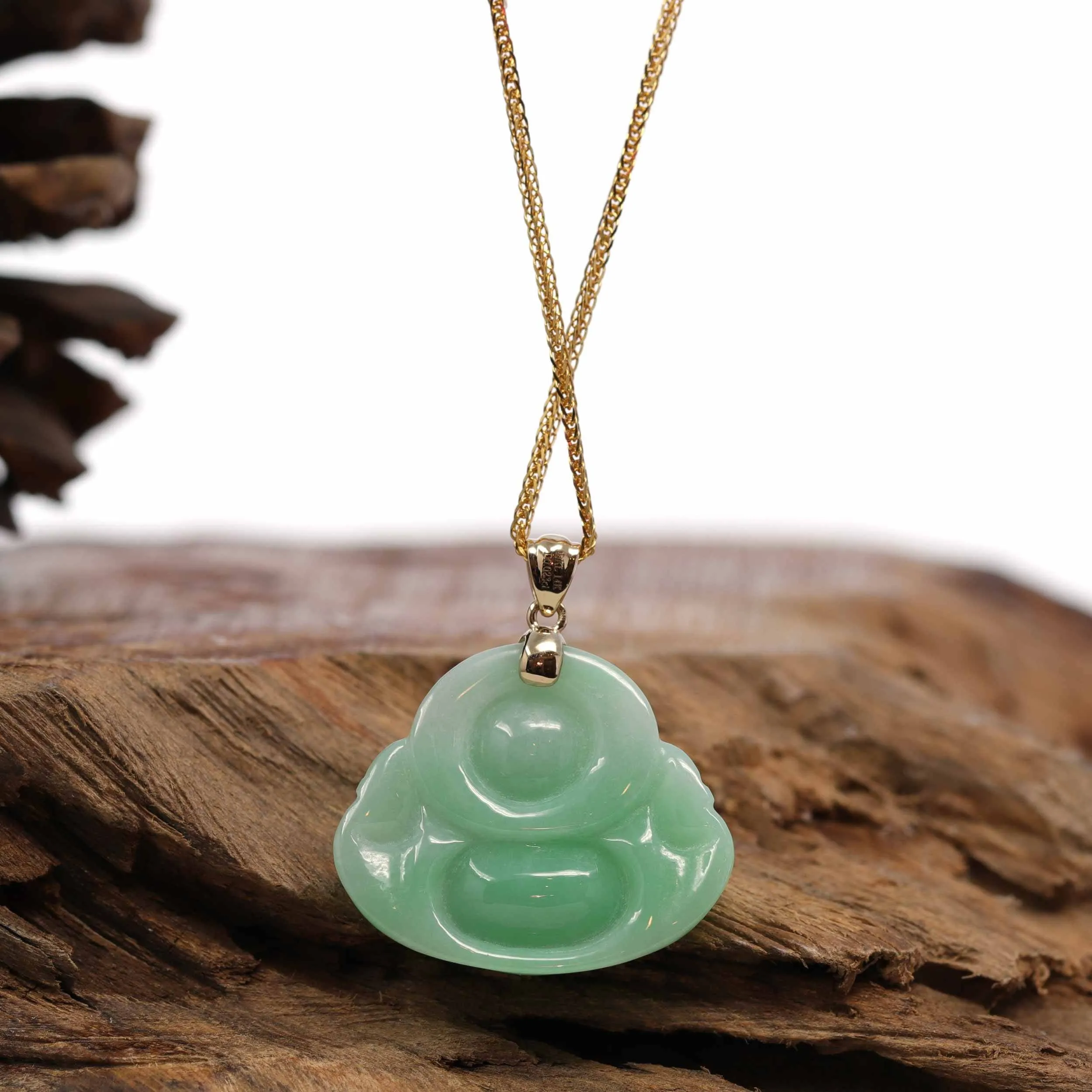 Baikalla™ "Laughing Buddha" Genuine Vibrant Green Jadeite Buddha Pendant Necklace With 14k Yellow Gold Diamond  Bail