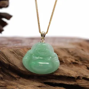 Baikalla™ "Laughing Buddha" Genuine Vibrant Green Jadeite Buddha Pendant Necklace With 14k Yellow Gold Diamond  Bail