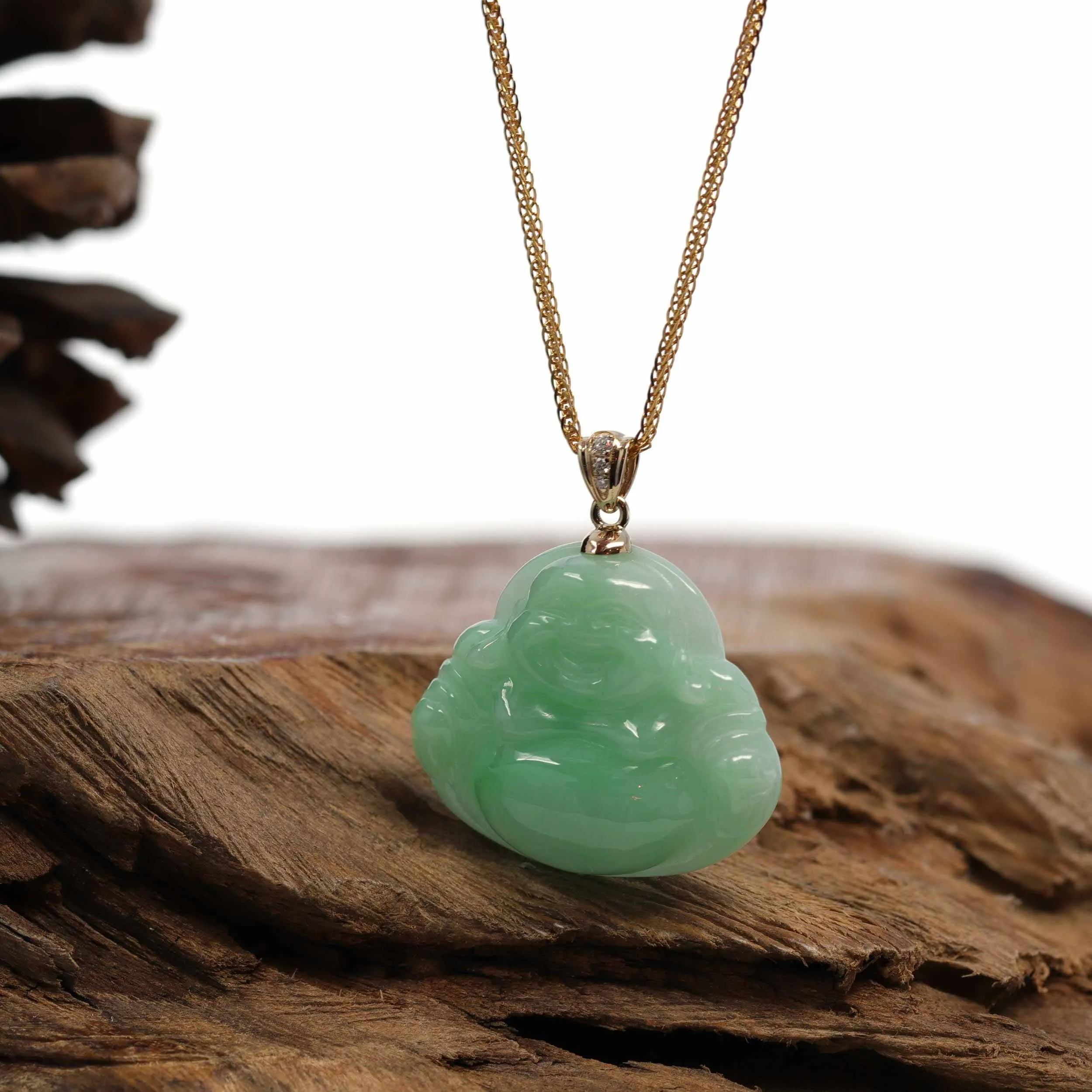 Baikalla™ "Laughing Buddha" Genuine Vibrant Green Jadeite Buddha Pendant Necklace With 14k Yellow Gold Diamond  Bail