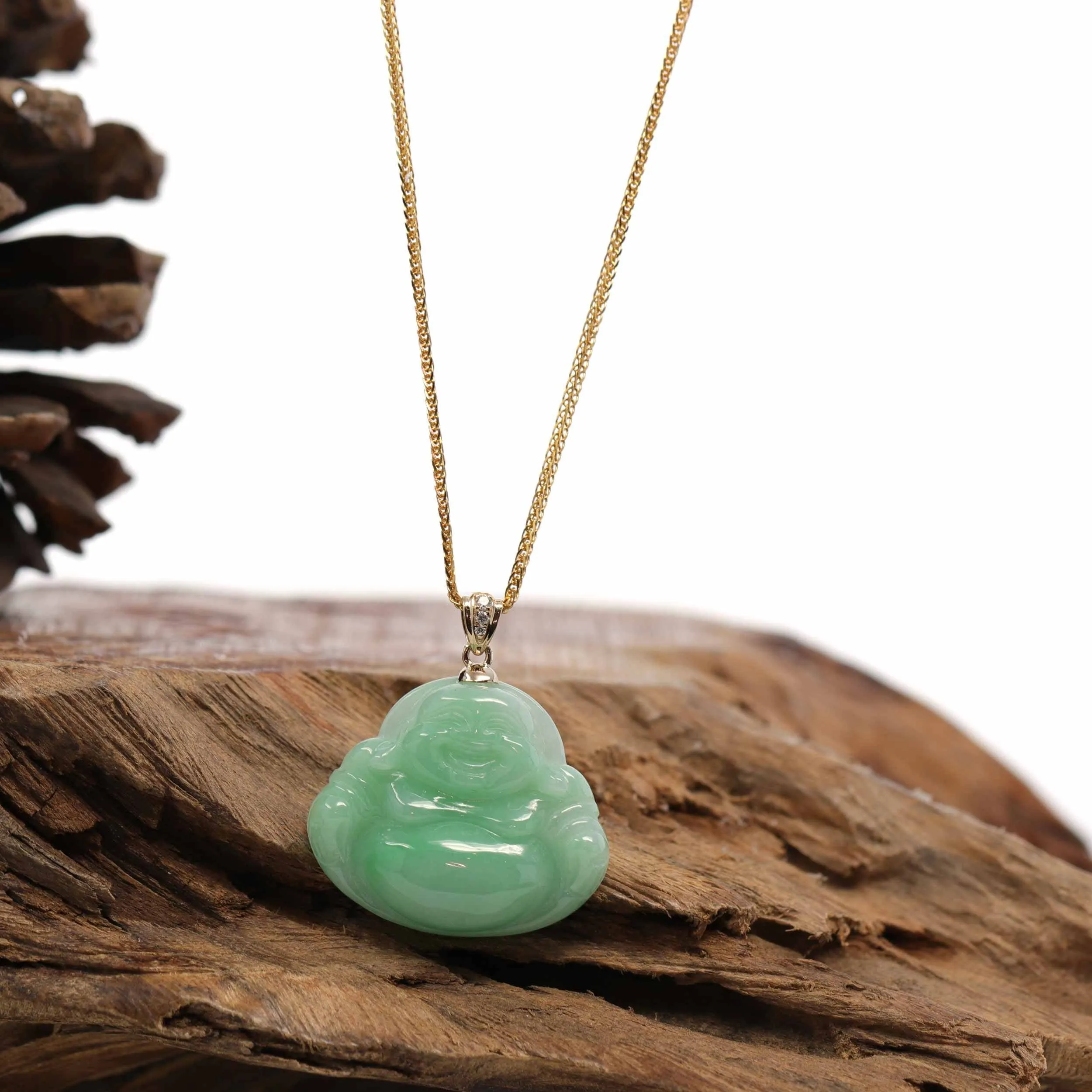 Baikalla™ "Laughing Buddha" Genuine Vibrant Green Jadeite Buddha Pendant Necklace With 14k Yellow Gold Diamond  Bail