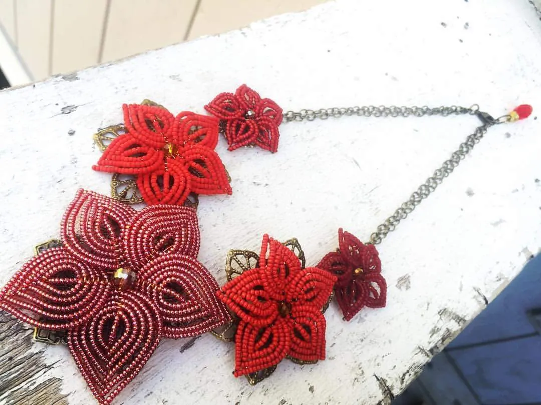 Beaded Five Flower Necklace