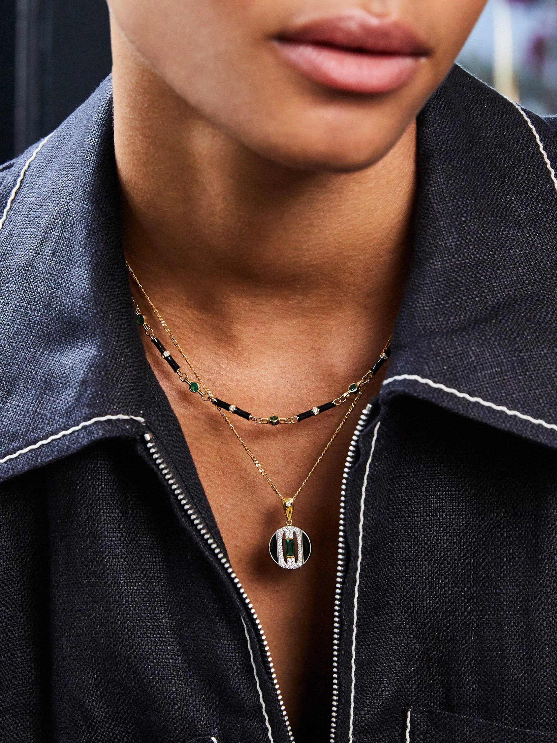 Black enamel Marlowe necklace with emerald green stone