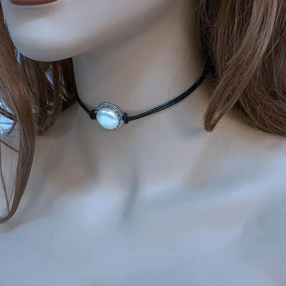 Black Leather Pearl Choker Necklace