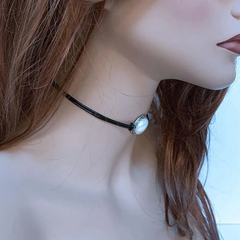 Black Leather Pearl Choker Necklace