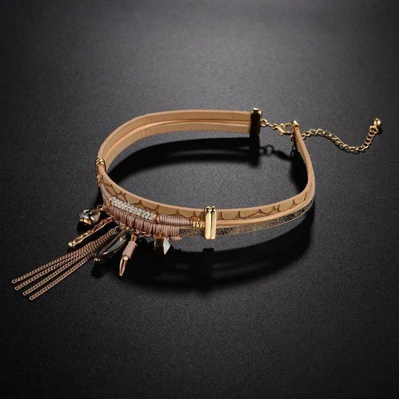Bohemian Tassel Choker Necklace with Brown Leather Chain
