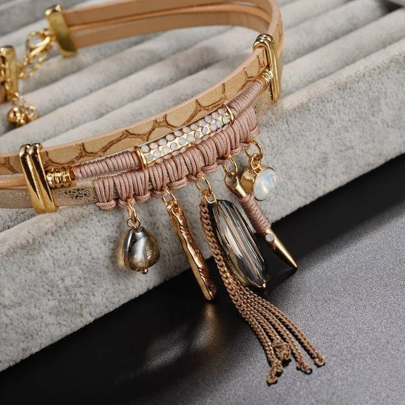 Bohemian Tassel Choker Necklace with Brown Leather Chain