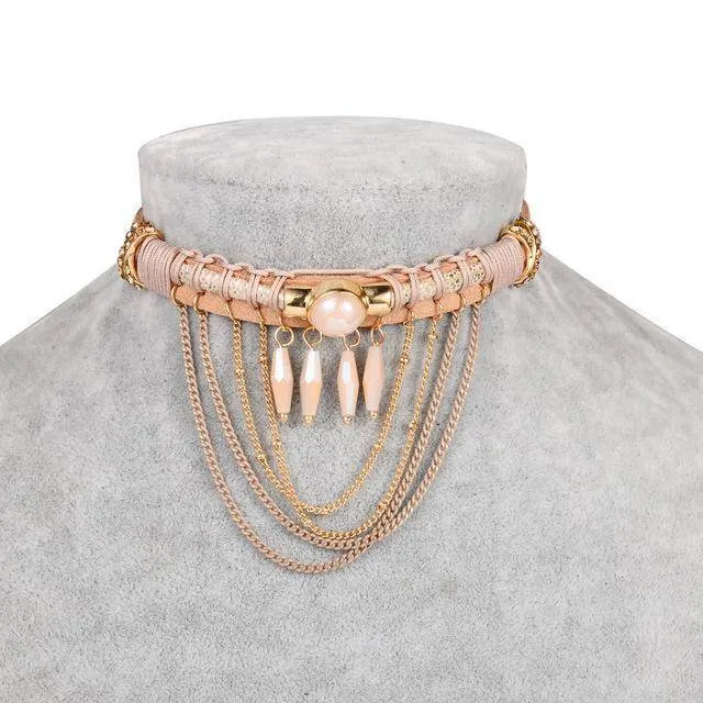 Bohemian Tassel Choker Necklace with Brown Leather Chain