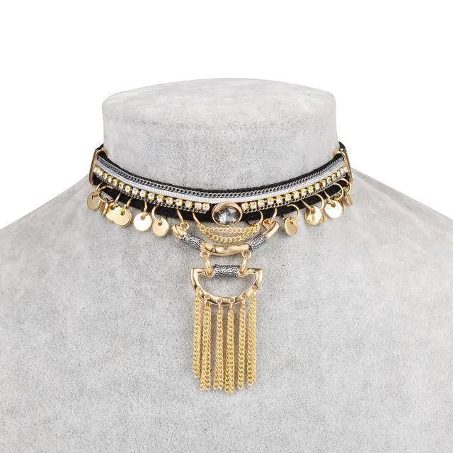 Bohemian Tassel Choker Necklace with Brown Leather Chain