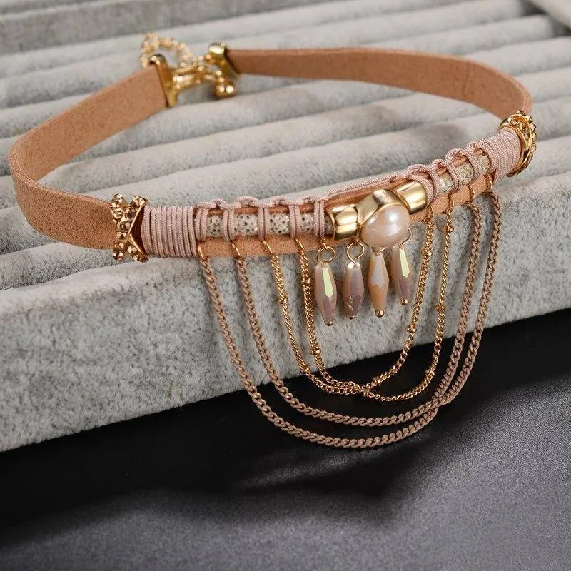 Bohemian Tassel Choker Necklace with Brown Leather Chain