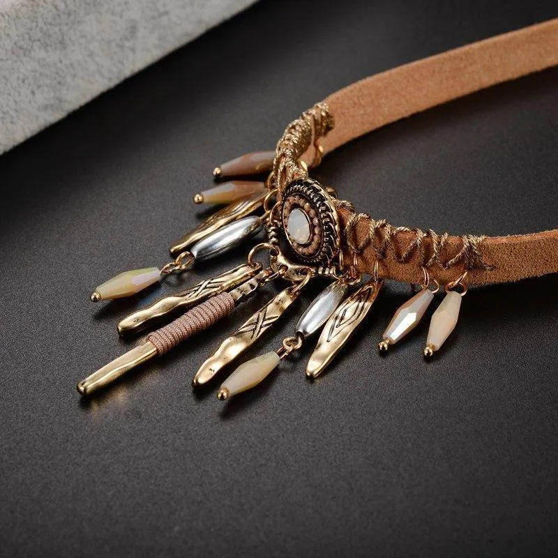 Bohemian Tassel Choker Necklace with Brown Leather Chain