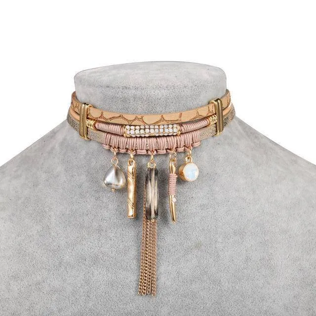 Bohemian Tassel Choker Necklace with Brown Leather Chain