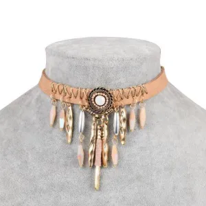 Bohemian Tassel Choker Necklace with Brown Leather Chain