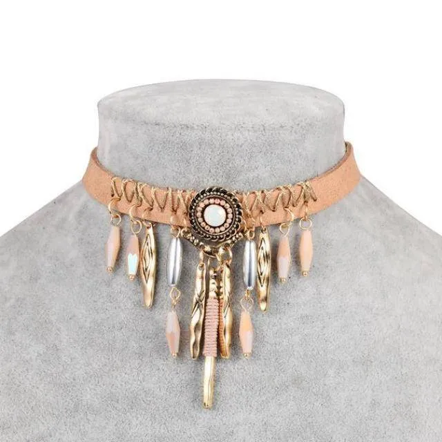 Bohemian Tassel Choker Necklace with Brown Leather Chain