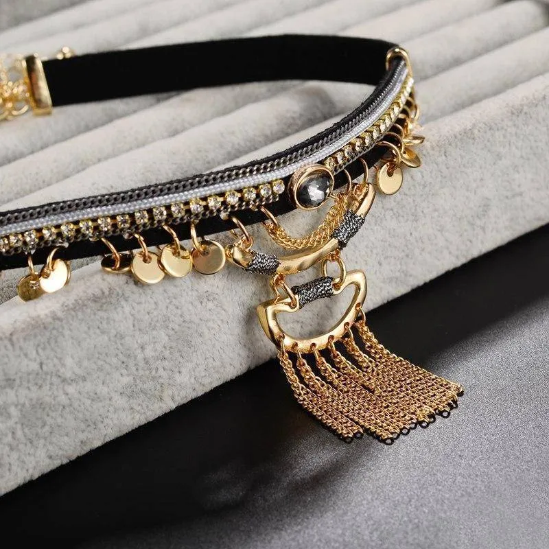Bohemian Tassel Choker Necklace with Brown Leather Chain