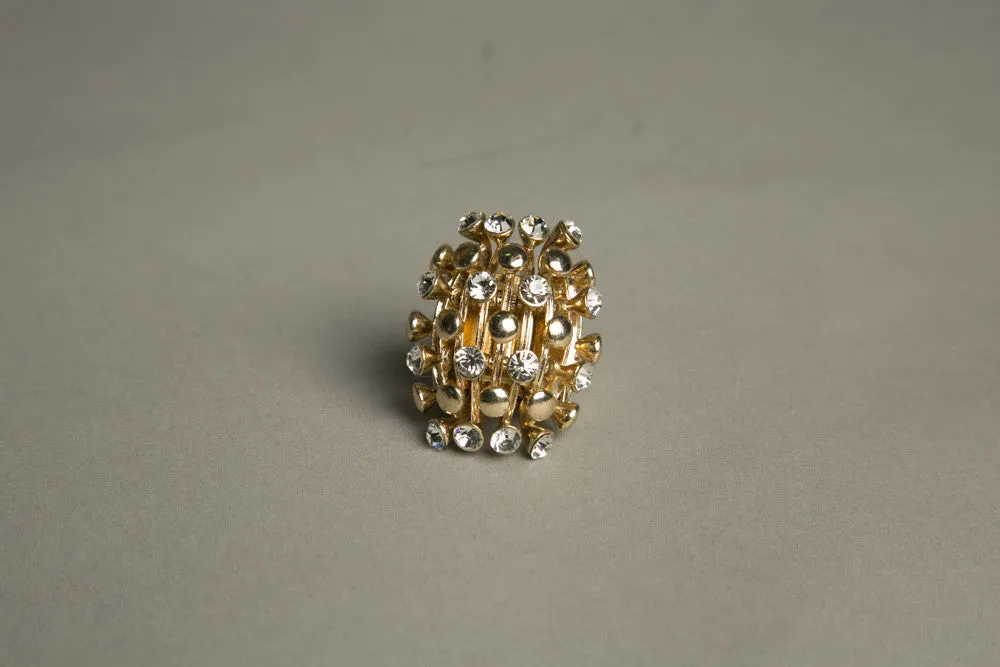 Bold Cocktail Ring Golden Rhinestones Adjustable Costume Jewelry