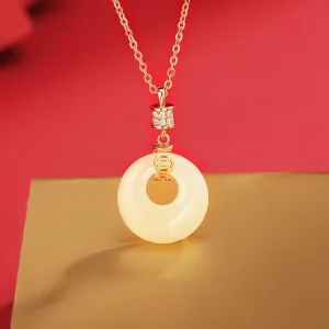 Buddha Stones 925 Sterling Silver Hetian White Jade Coin Flower Peace Buckle Luck Necklace Pendant