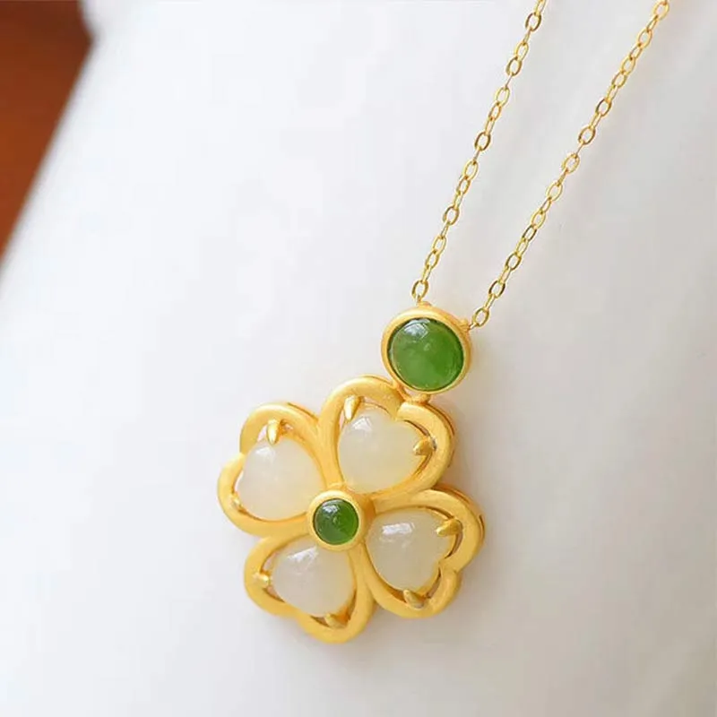 Buddha Stones 925 Sterling Silver Lucky Four Leaf Clover Jade Prosperity Necklace Chain Pendant