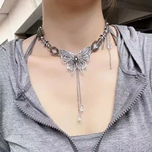 Butterfly beaded crystal pendant choker necklace