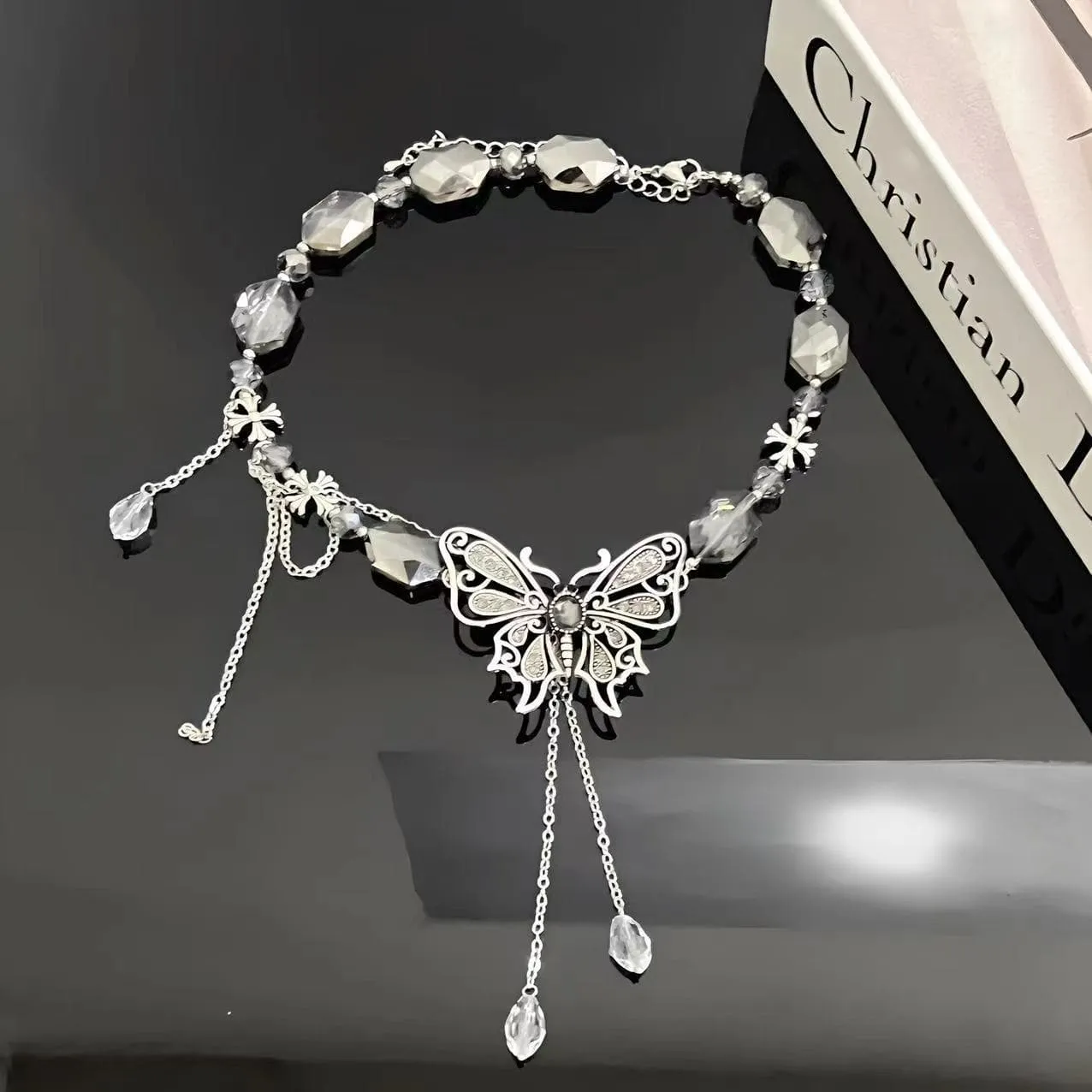 Butterfly beaded crystal pendant choker necklace