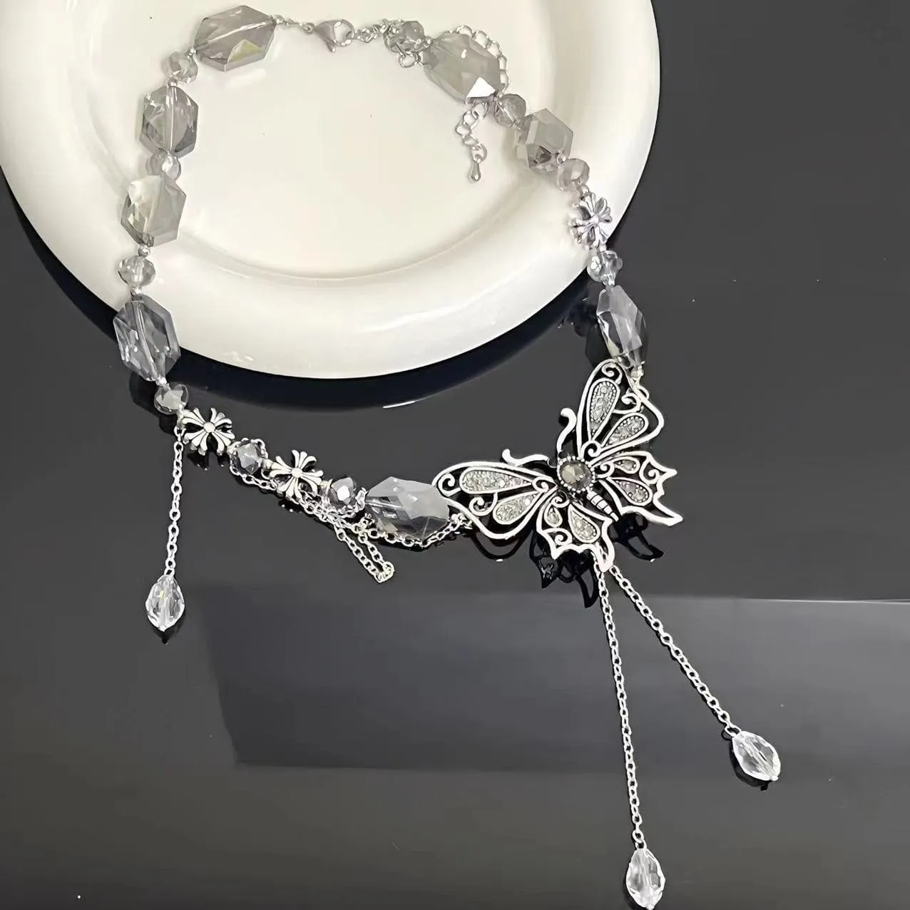 Butterfly beaded crystal pendant choker necklace
