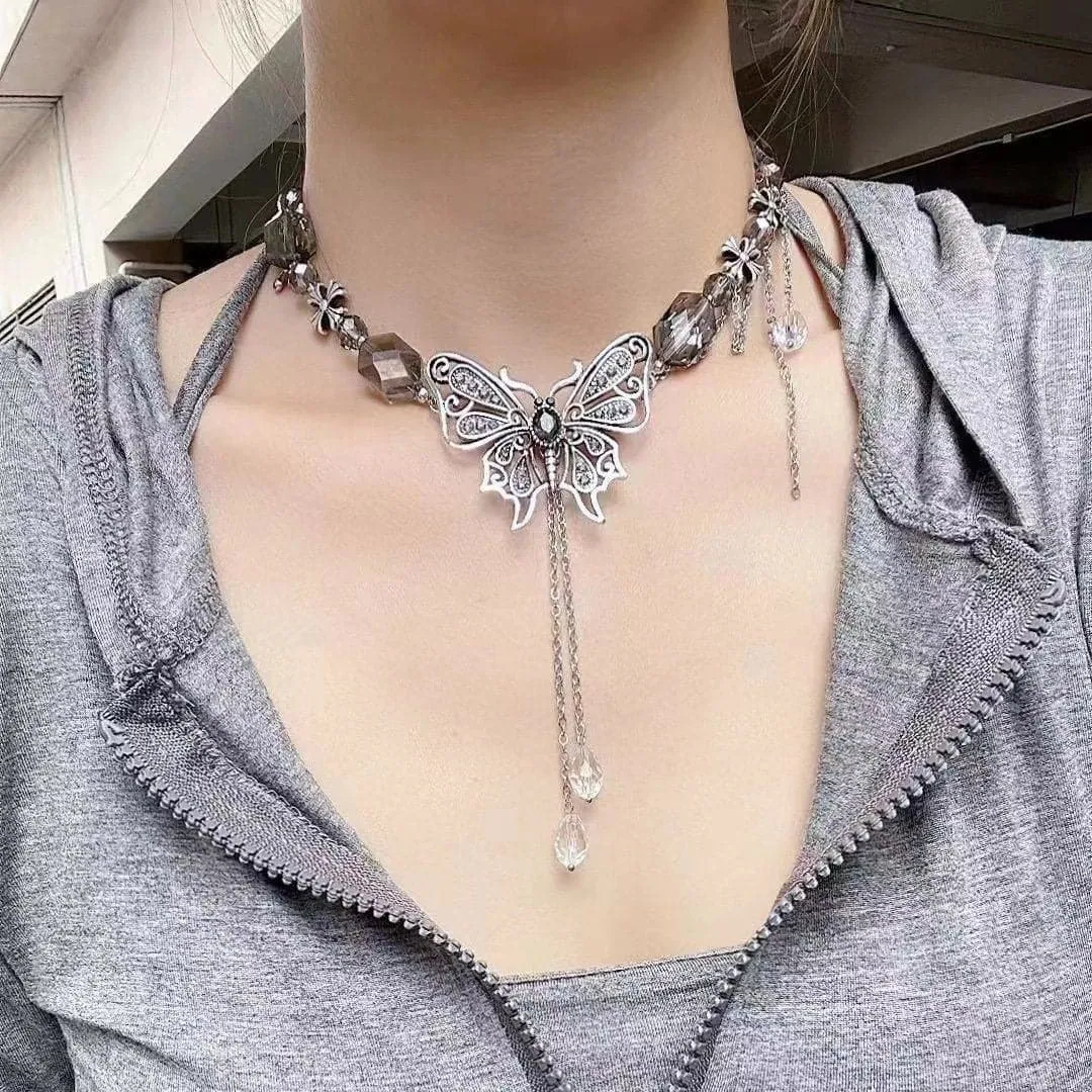 Butterfly beaded crystal pendant choker necklace