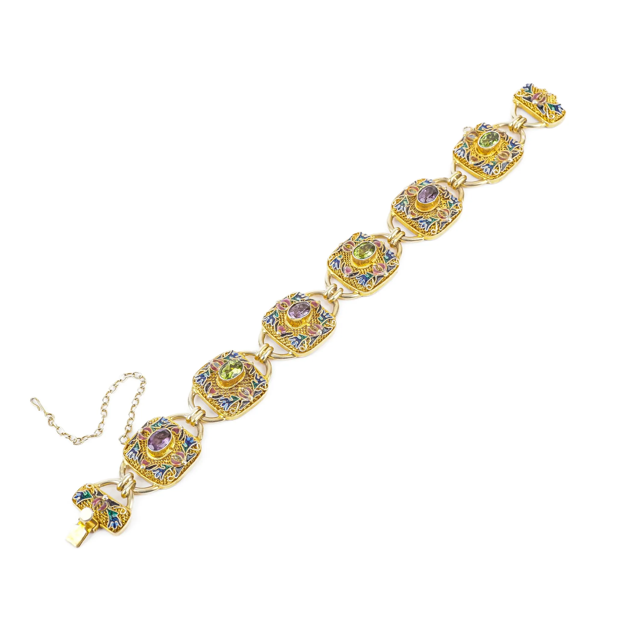 Chinese Export Gilt Silver Enamel Filigree Gemstone Bracelet