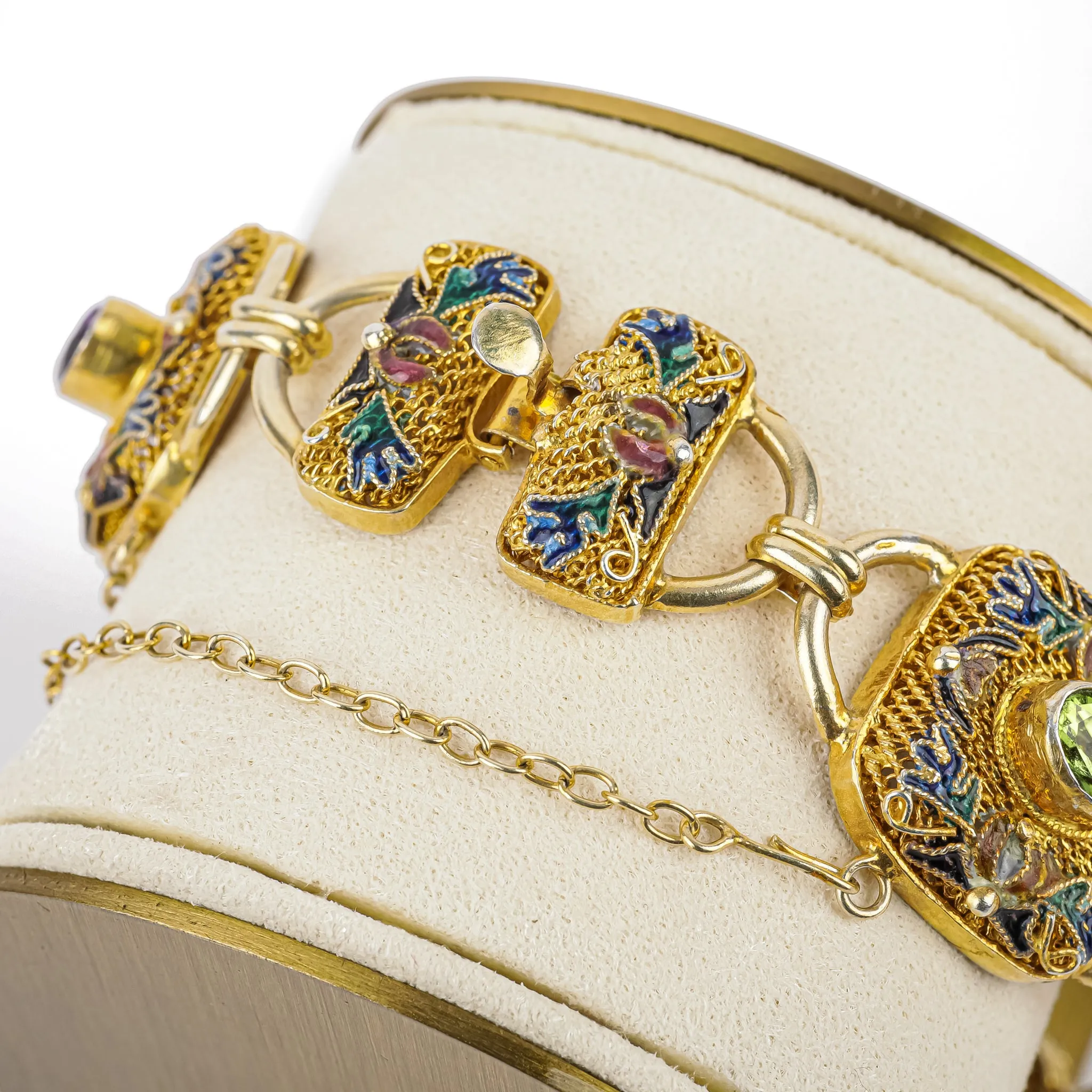 Chinese Export Gilt Silver Enamel Filigree Gemstone Bracelet