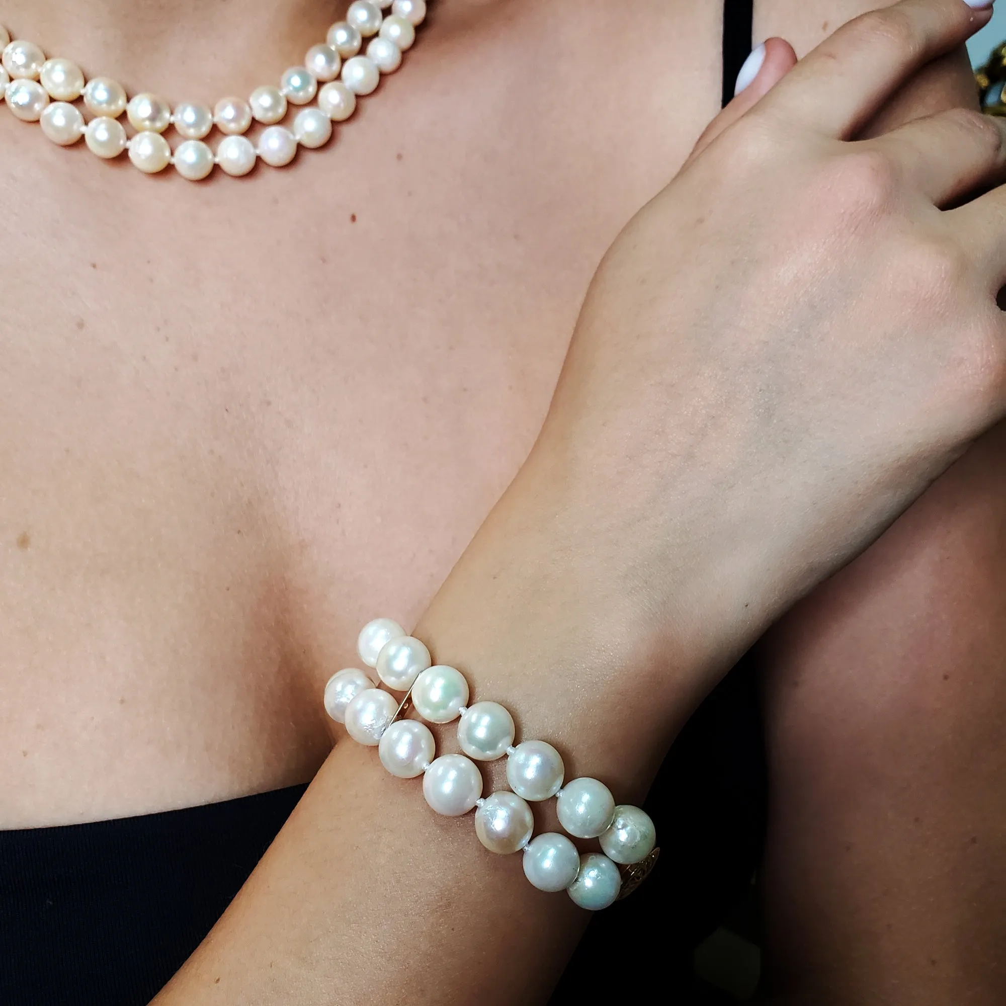 Classic Cultured Japanese PEARL 7.5mm White Double Strand Vintage NECKLACE 14k Gold