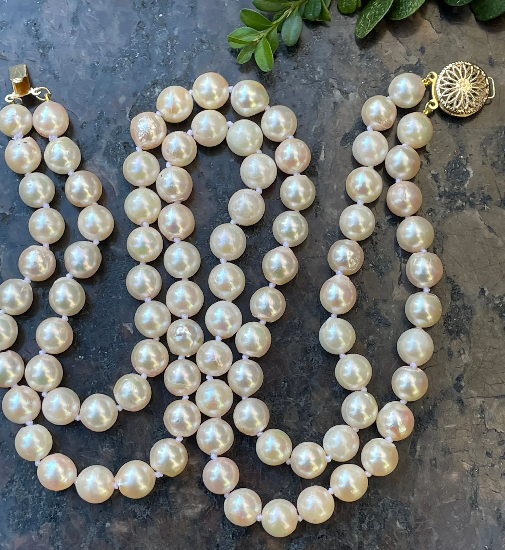 Classic Cultured Japanese PEARL 7.5mm White Double Strand Vintage NECKLACE 14k Gold