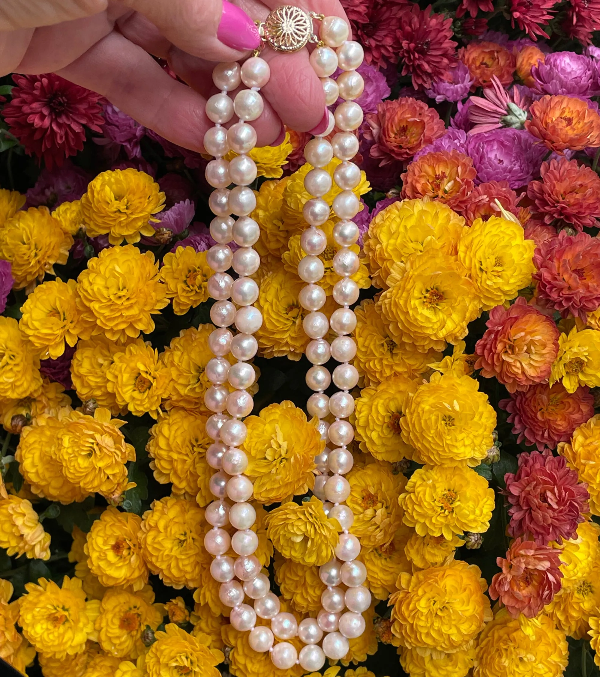Classic Cultured Japanese PEARL 7.5mm White Double Strand Vintage NECKLACE 14k Gold