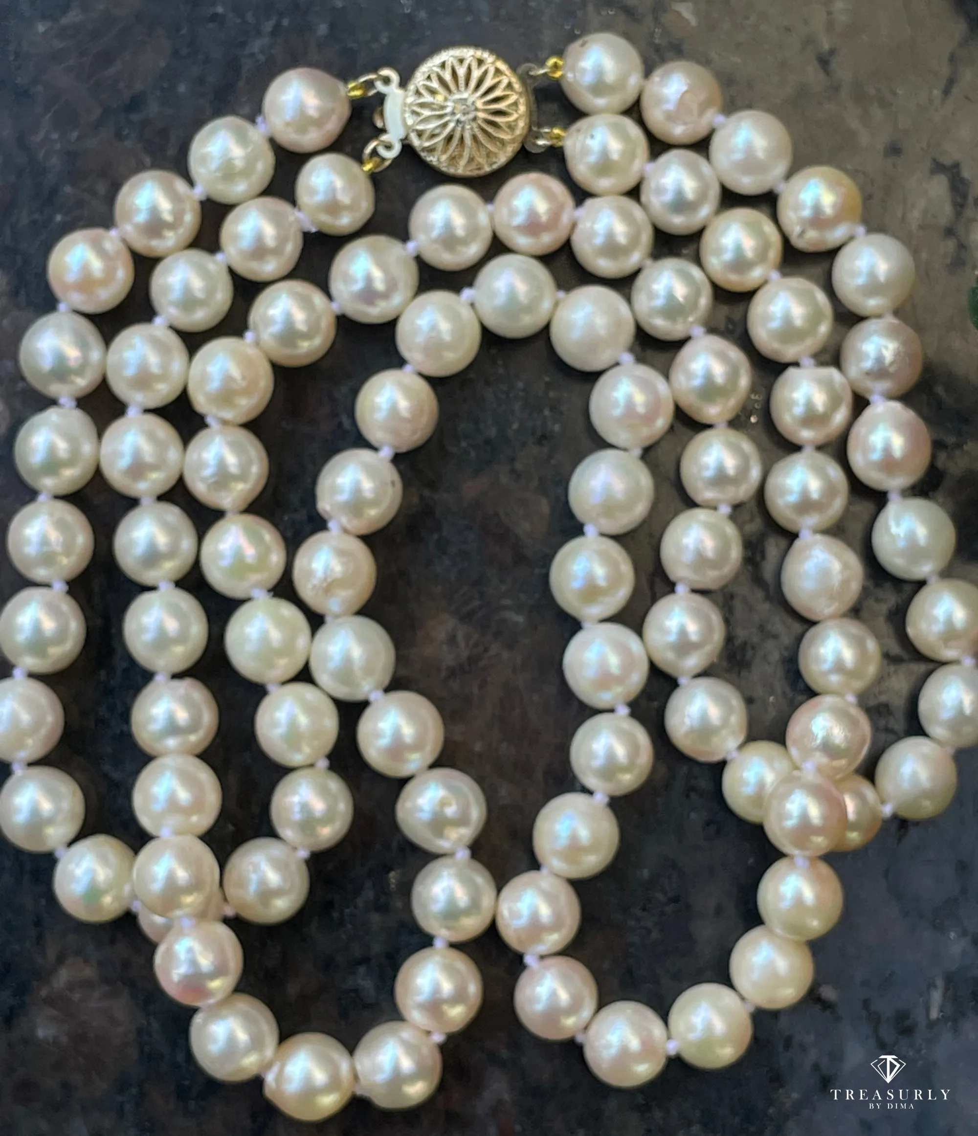 Classic Cultured Japanese PEARL 7.5mm White Double Strand Vintage NECKLACE 14k Gold