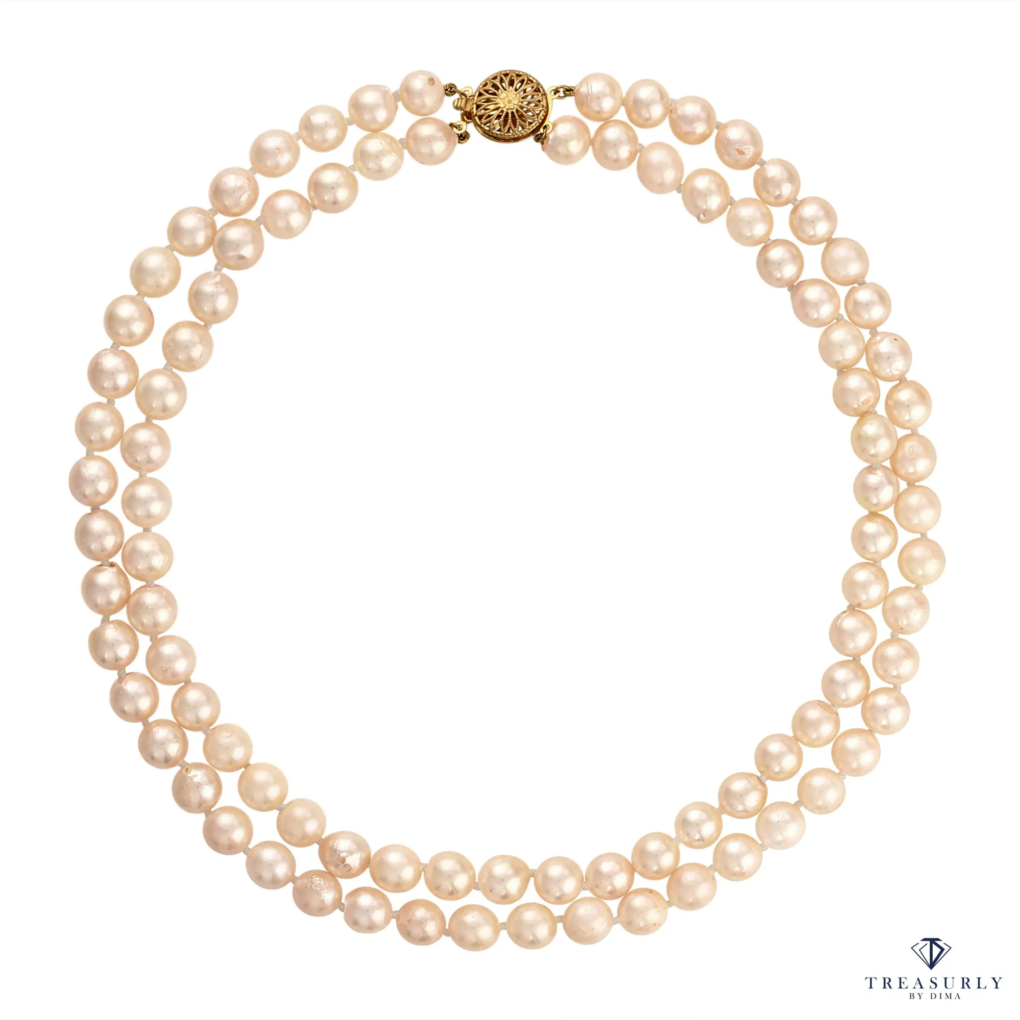 Classic Cultured Japanese PEARL 7.5mm White Double Strand Vintage NECKLACE 14k Gold