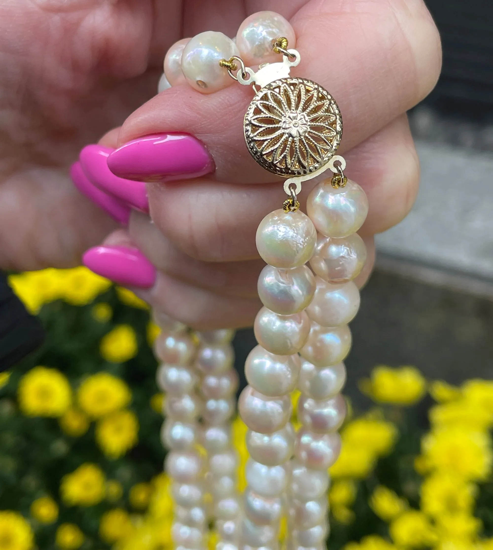 Classic Cultured Japanese PEARL 7.5mm White Double Strand Vintage NECKLACE 14k Gold