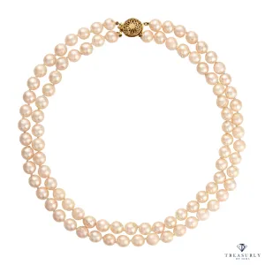 Classic Cultured Japanese PEARL 7.5mm White Double Strand Vintage NECKLACE 14k Gold