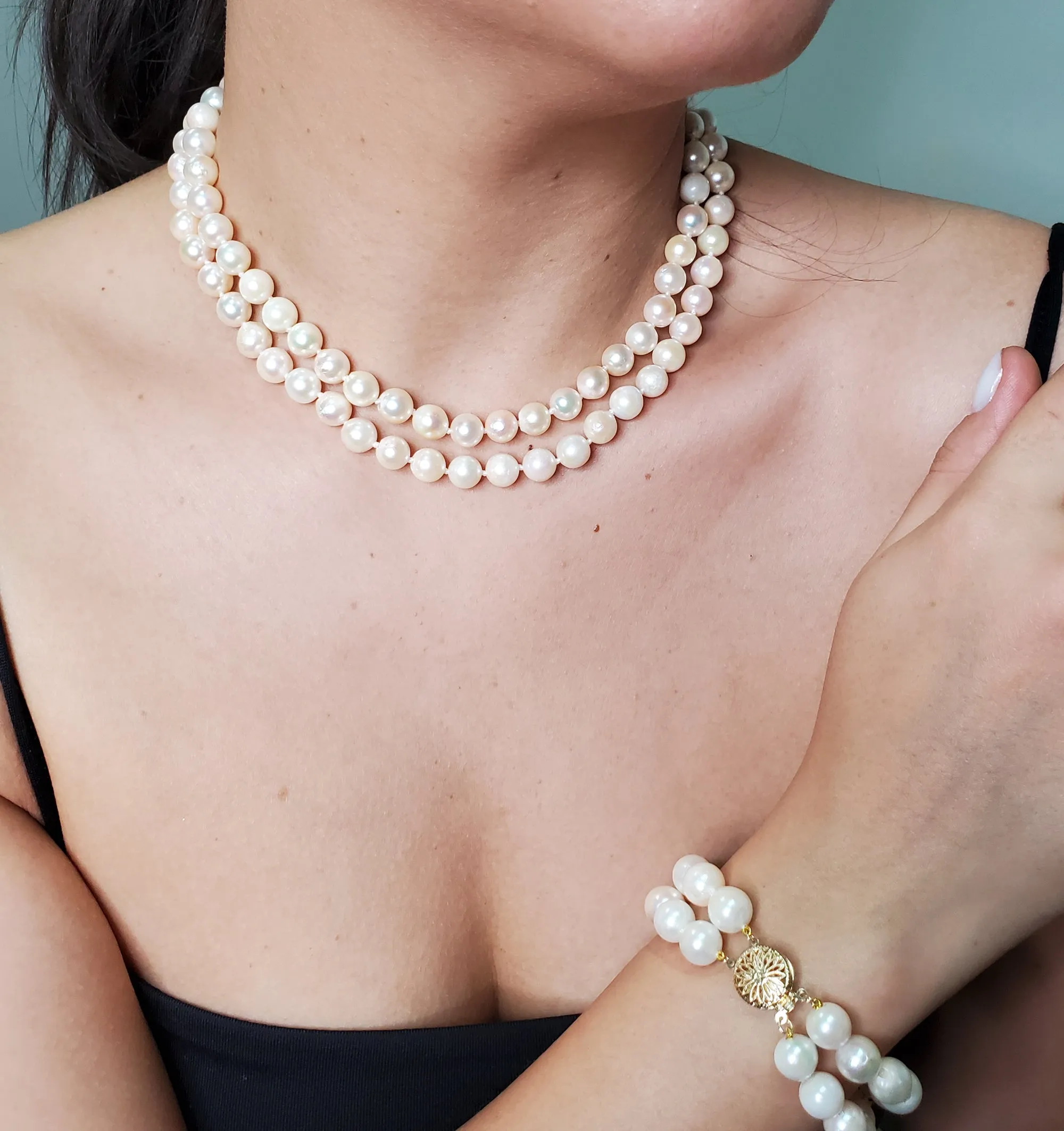 Classic Cultured Japanese PEARL 7.5mm White Double Strand Vintage NECKLACE 14k Gold