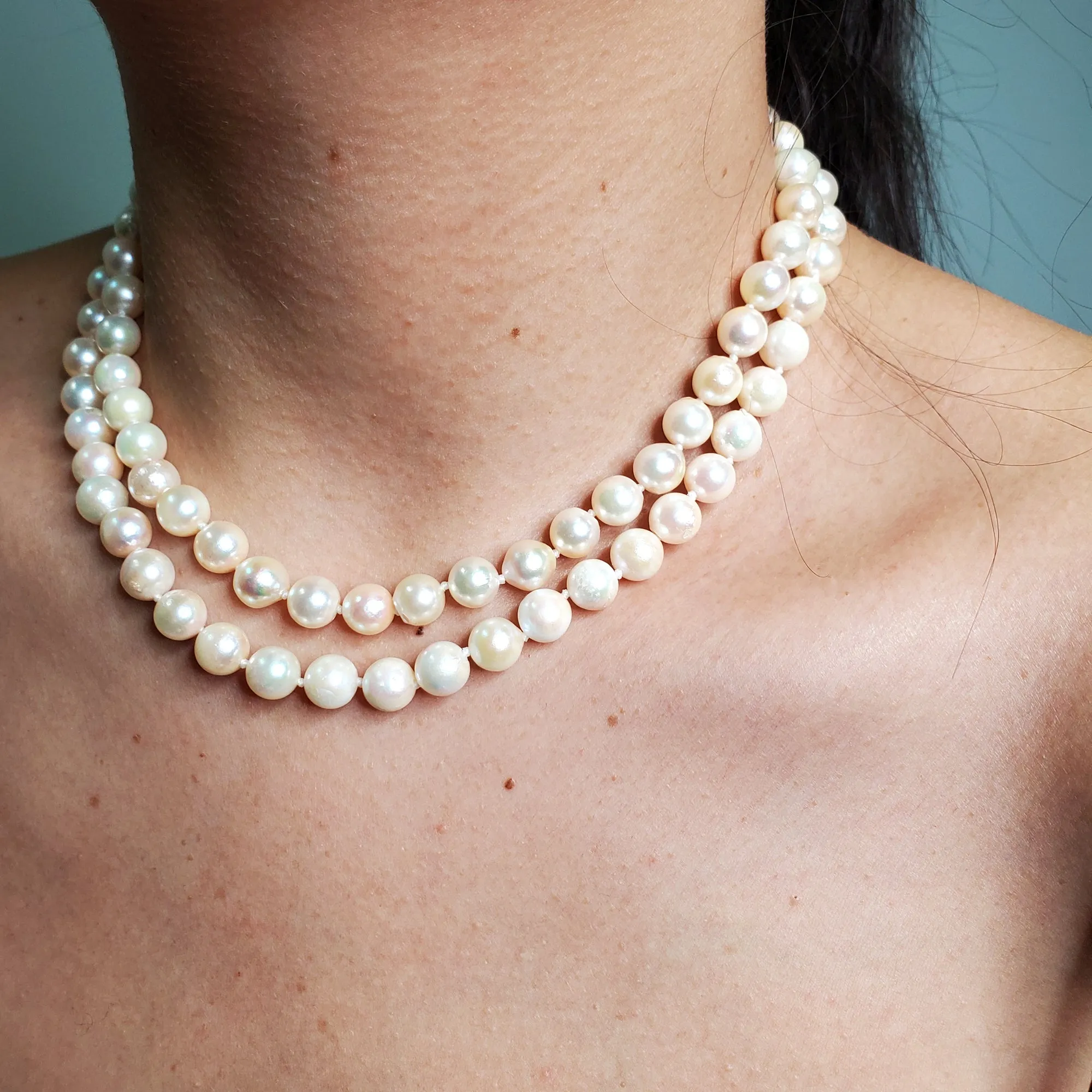 Classic Cultured Japanese PEARL 7.5mm White Double Strand Vintage NECKLACE 14k Gold
